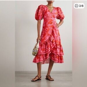 FARM Rio Pink and Red Tiered Ruffle Midi Dress - WORN ONCE